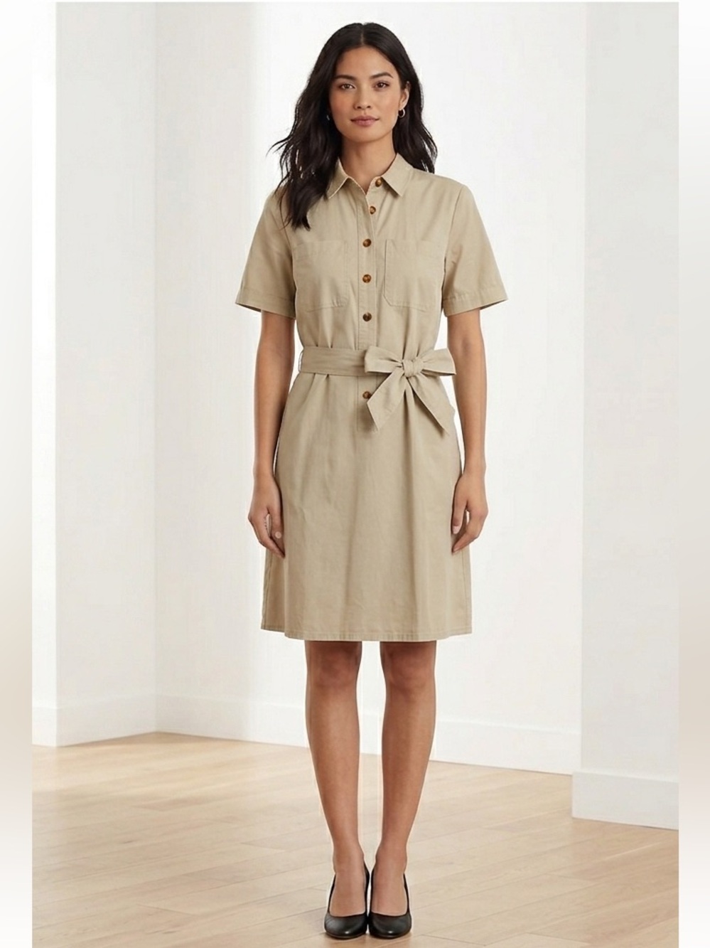 J Crew Beige Utility Shirt Dress Tie Waist and side Pockets Size 6
